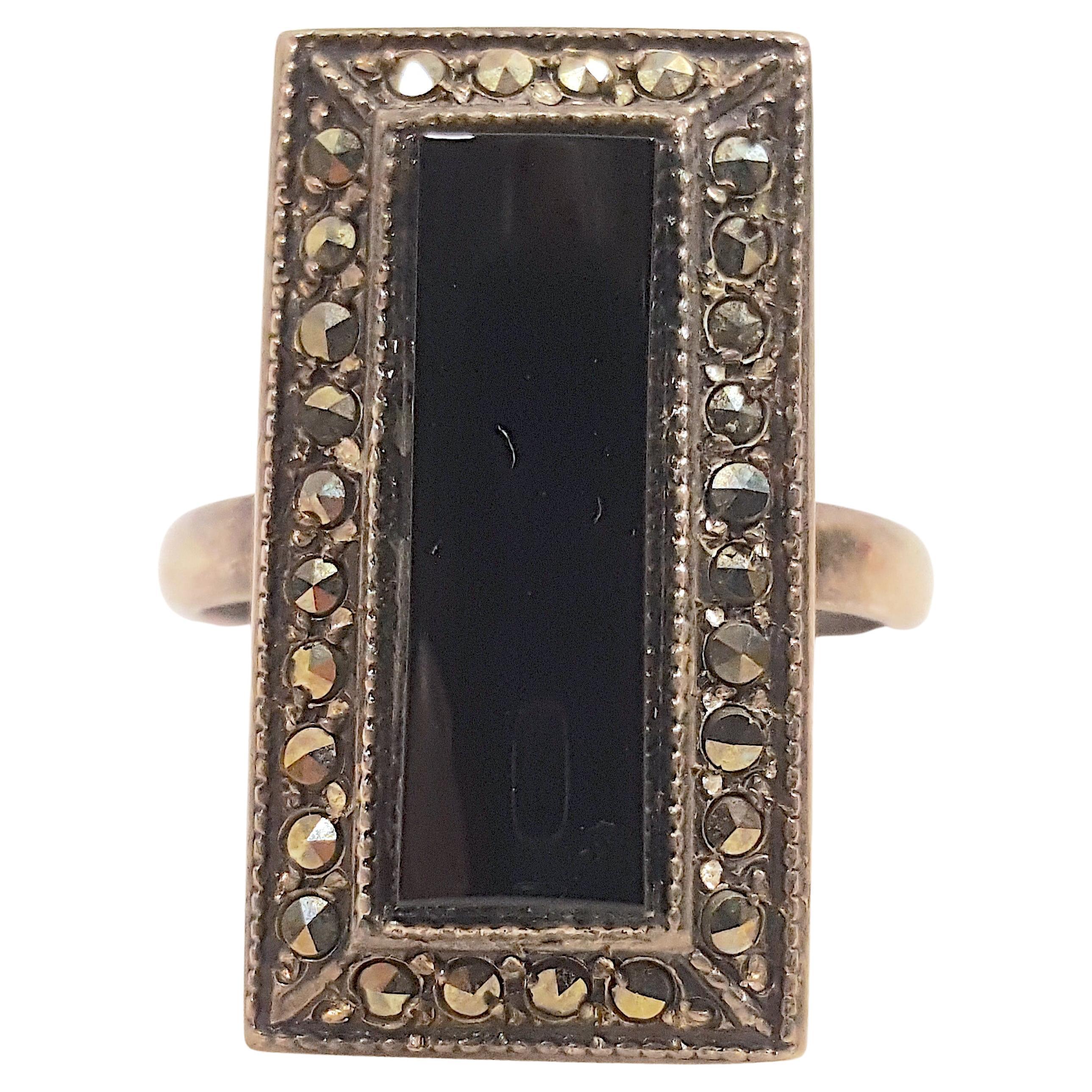 1921 Early ArtDeco SterlingSilver BlackOnyx Marcasite Signed Rectangular Ring For Sale