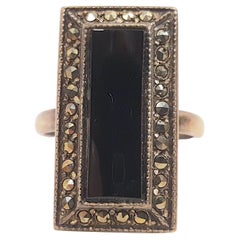 Vintage 1921 Early ArtDeco SterlingSilver BlackOnyx Marcasite Signed Rectangular Ring