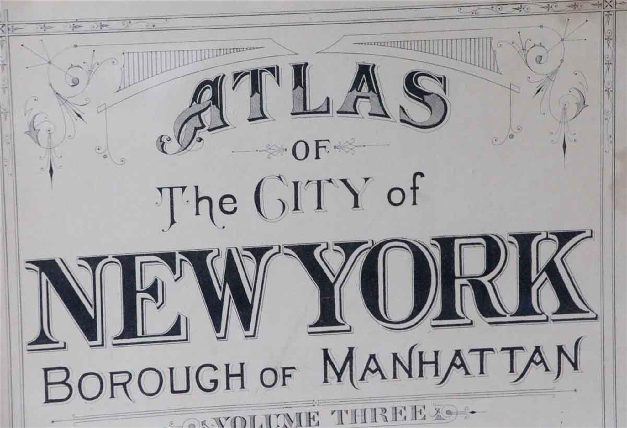 Neat old title page from the 1921 Atlas of the Borough of Manhattan. This appears to be made of parchment paper and ink. Copyright 1921 by G.W Bromley & Co. It is framed in wood with a brown matte. This can be seen at our 302 Bowery location in