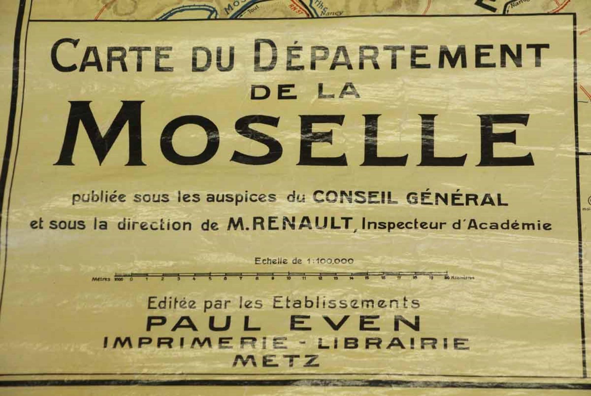 Map of the Moselle province of France. Printed in 1921 by Paul Even in Metz, France. This can be viewed at one of our New York City locations. This can be seen at our 302 Bowery location in NoHo in Manhattan.