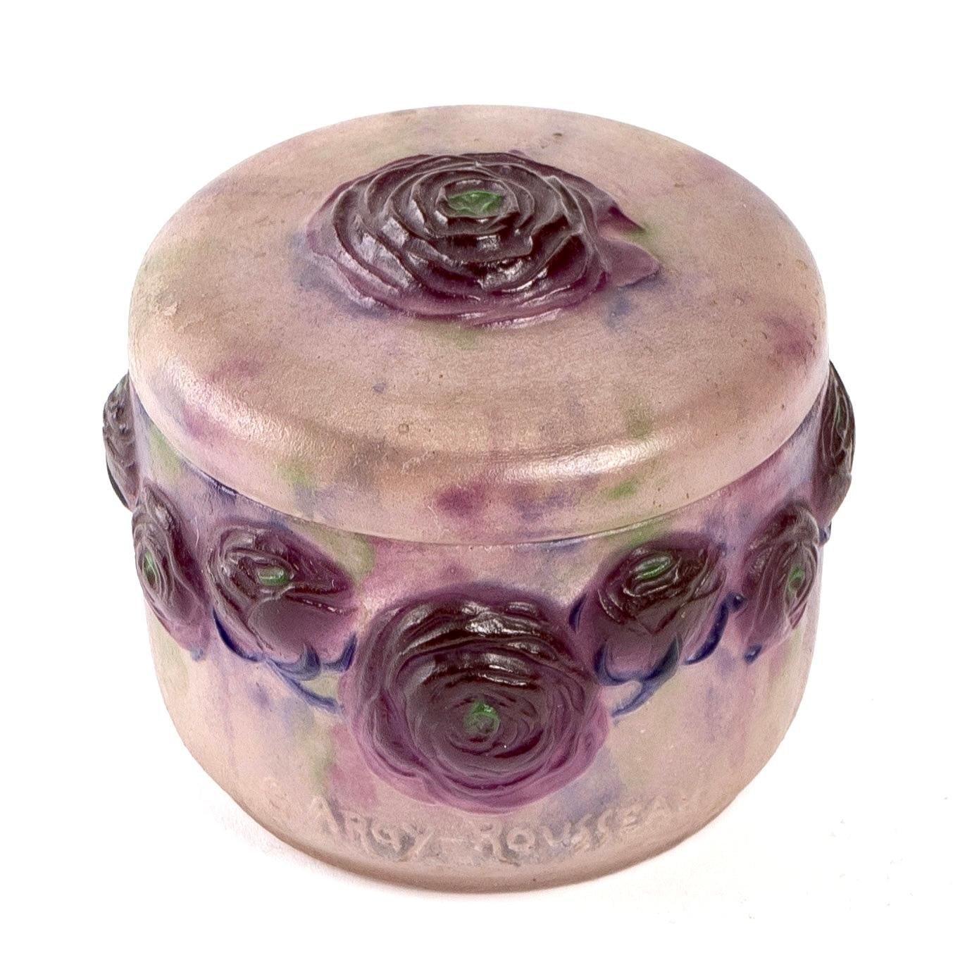 French 1921 Gabriel Argy-Rousseau Box Frosted Roses Renonculus Box Jar Pate de Verre