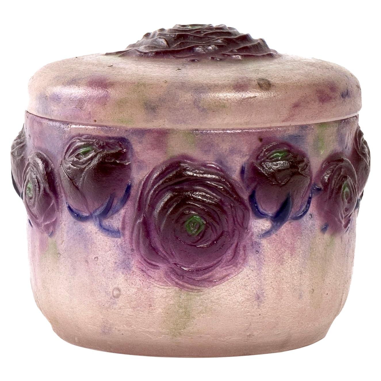 1921 Gabriel Argy-Rousseau Box Frosted Roses Renonculus Box Jar Pate de Verre