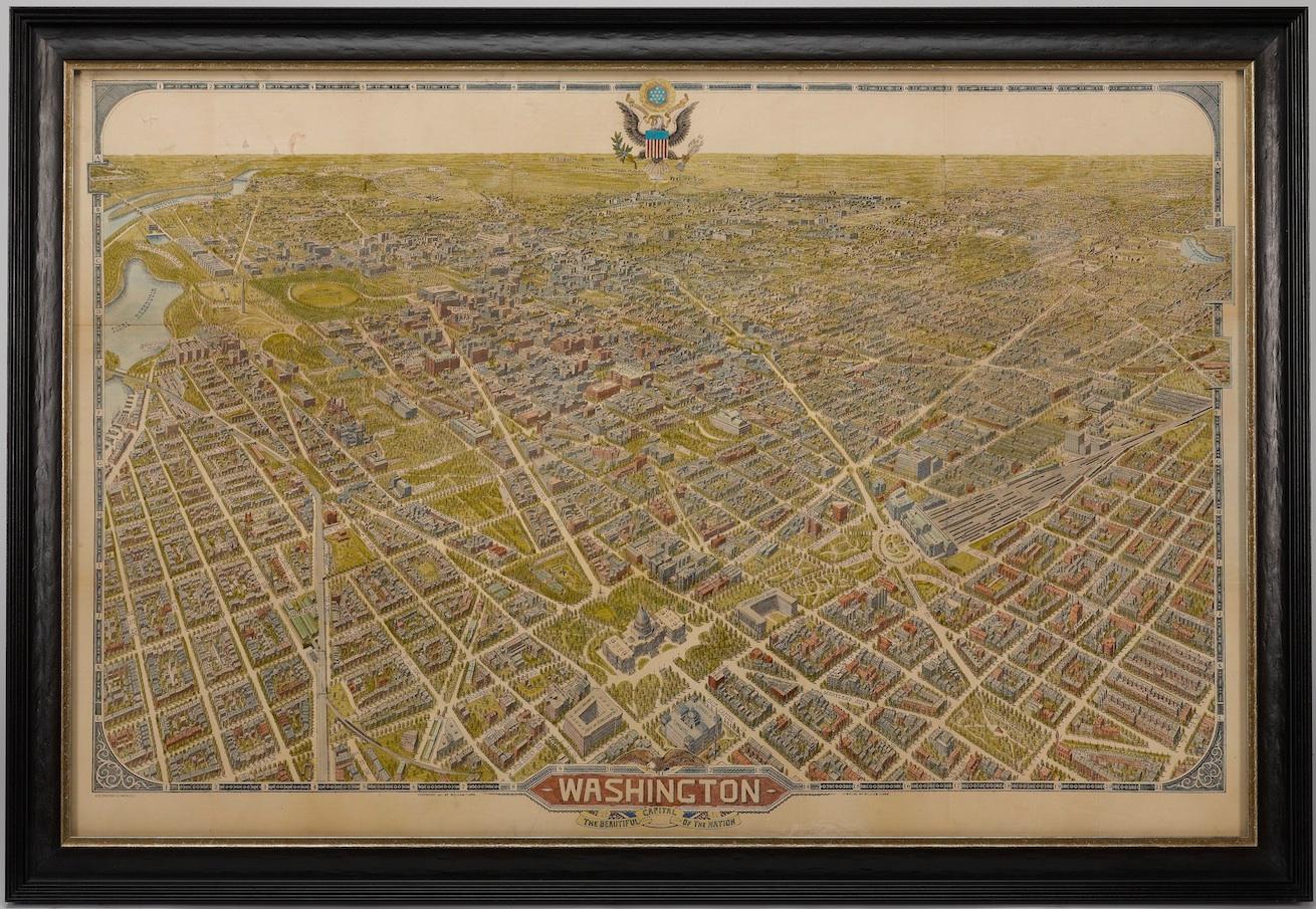 This is a fabulous bird's-eye view that shows Washington D.C. in amazing detail. Every building is individually drawn, and all roads are shown and named. The view is from the Capitol and the Library of Congress looking north into rural areas of the