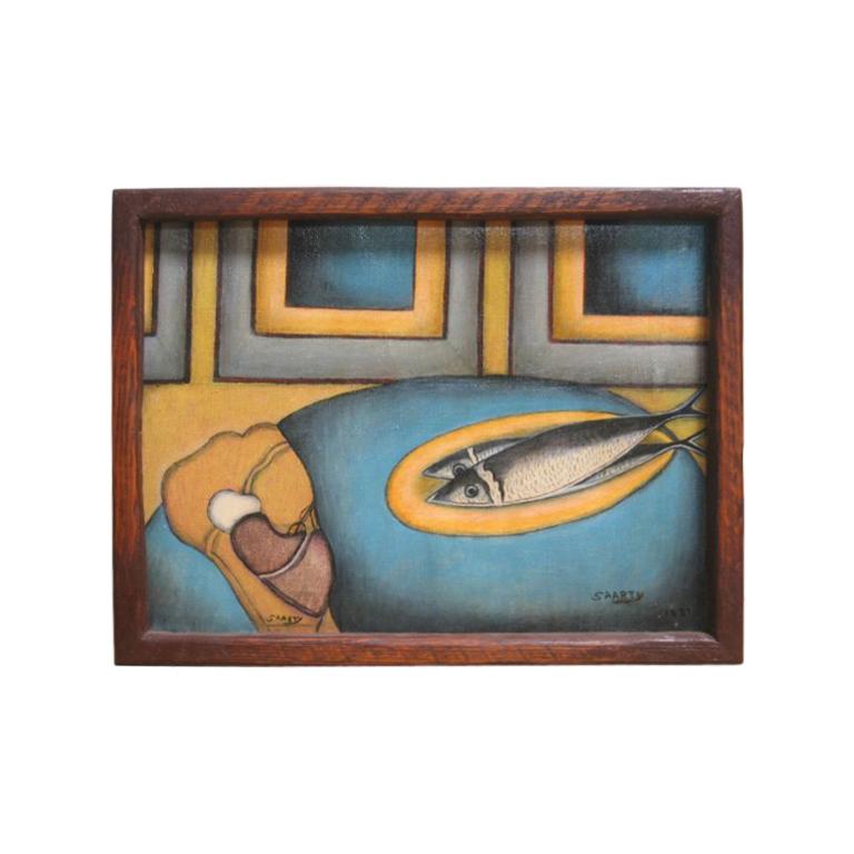 1921, Original Oil Painting by Saarty "Two Fish on Plate"