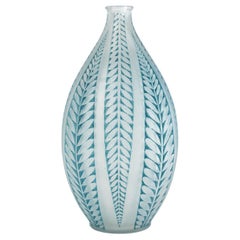 1921 Original René Lalique Acacia Vase Frosted Glass with Blue Patina