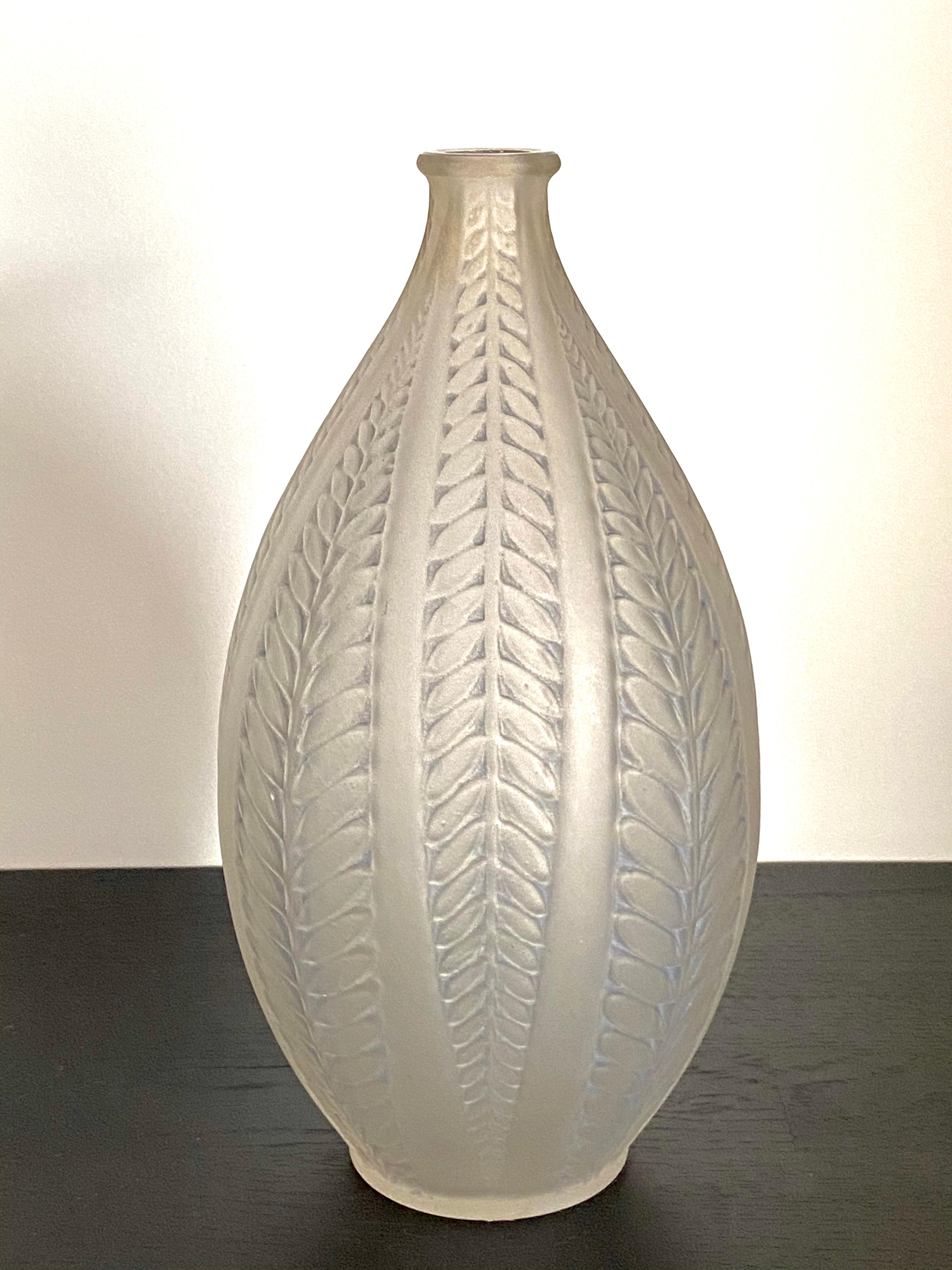 French 1921 Original René Lalique Acacia Vase Frosted Grey-Blue Stained Glass