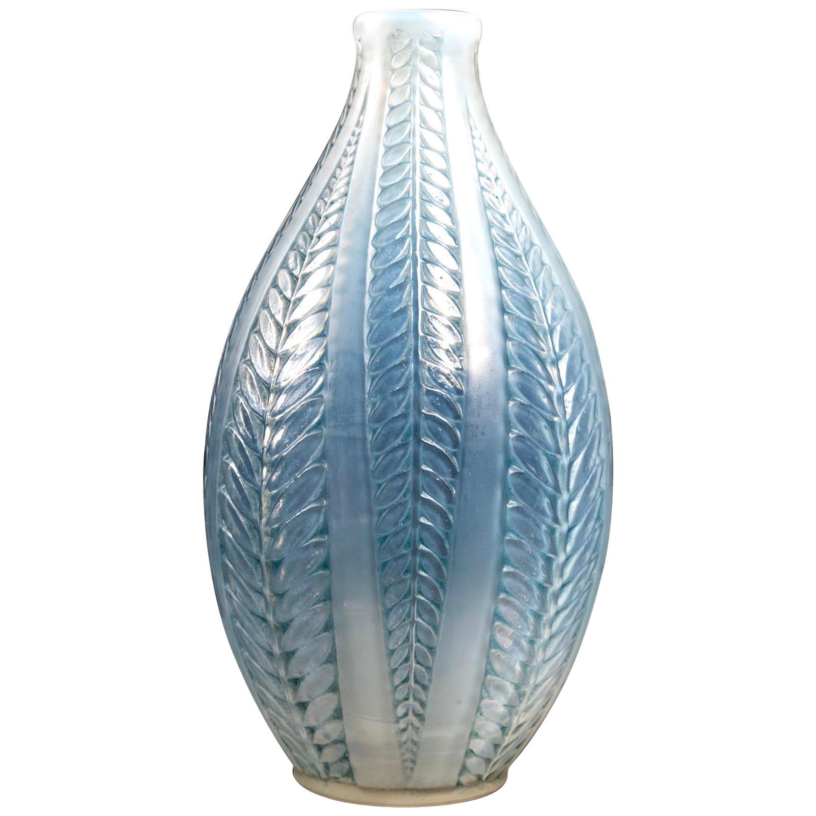 1921 Original René Lalique Acacia Vase Triple Cased Opalescent Glass Blue Patina