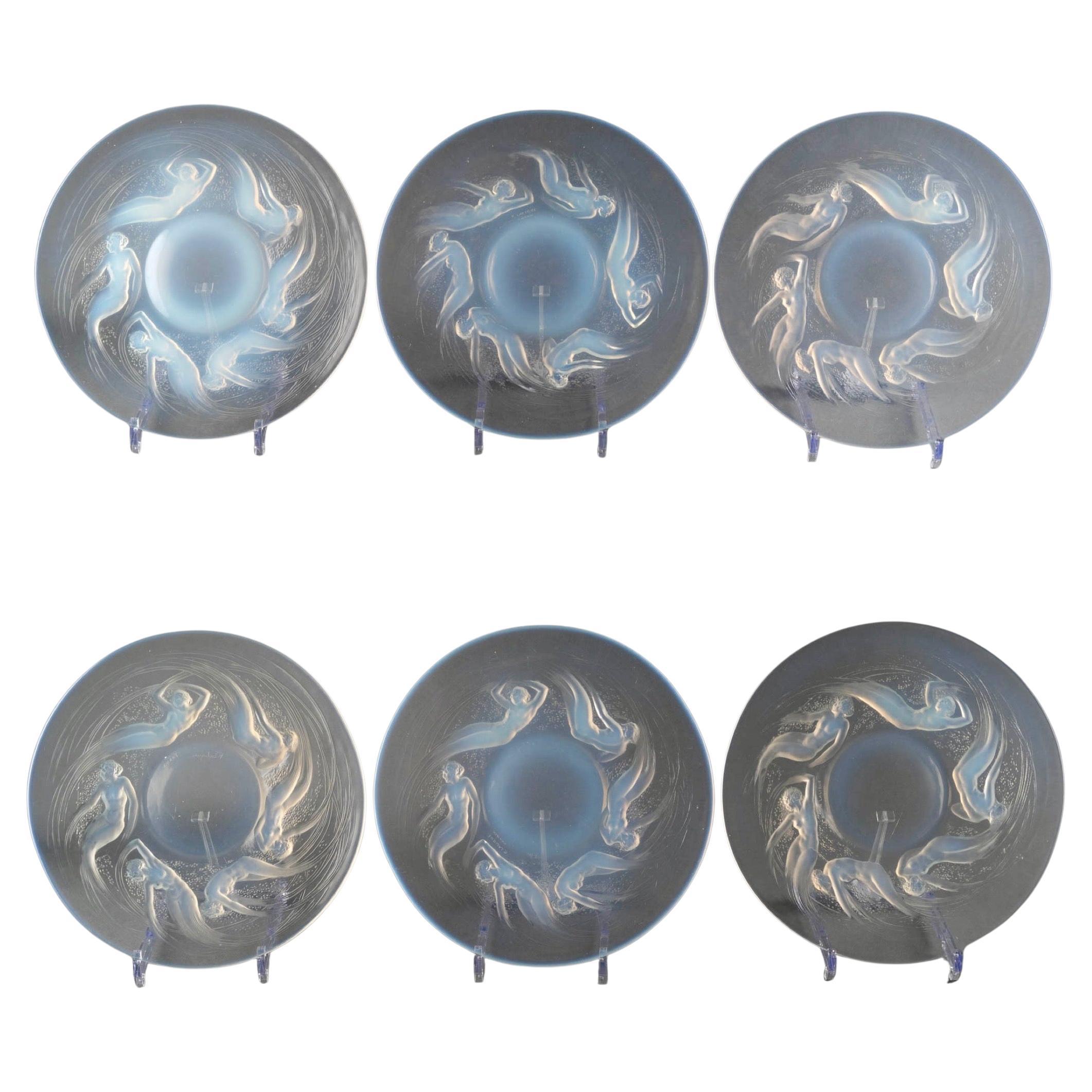 1921 René Lalique 6 Plates Ondines Opalescent Glass Mermaids