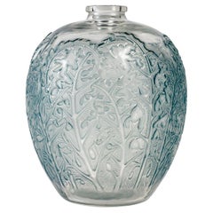 1921 Rene Lalique Acanthes Vase in Clear & Frosted Glass with Blue Patina