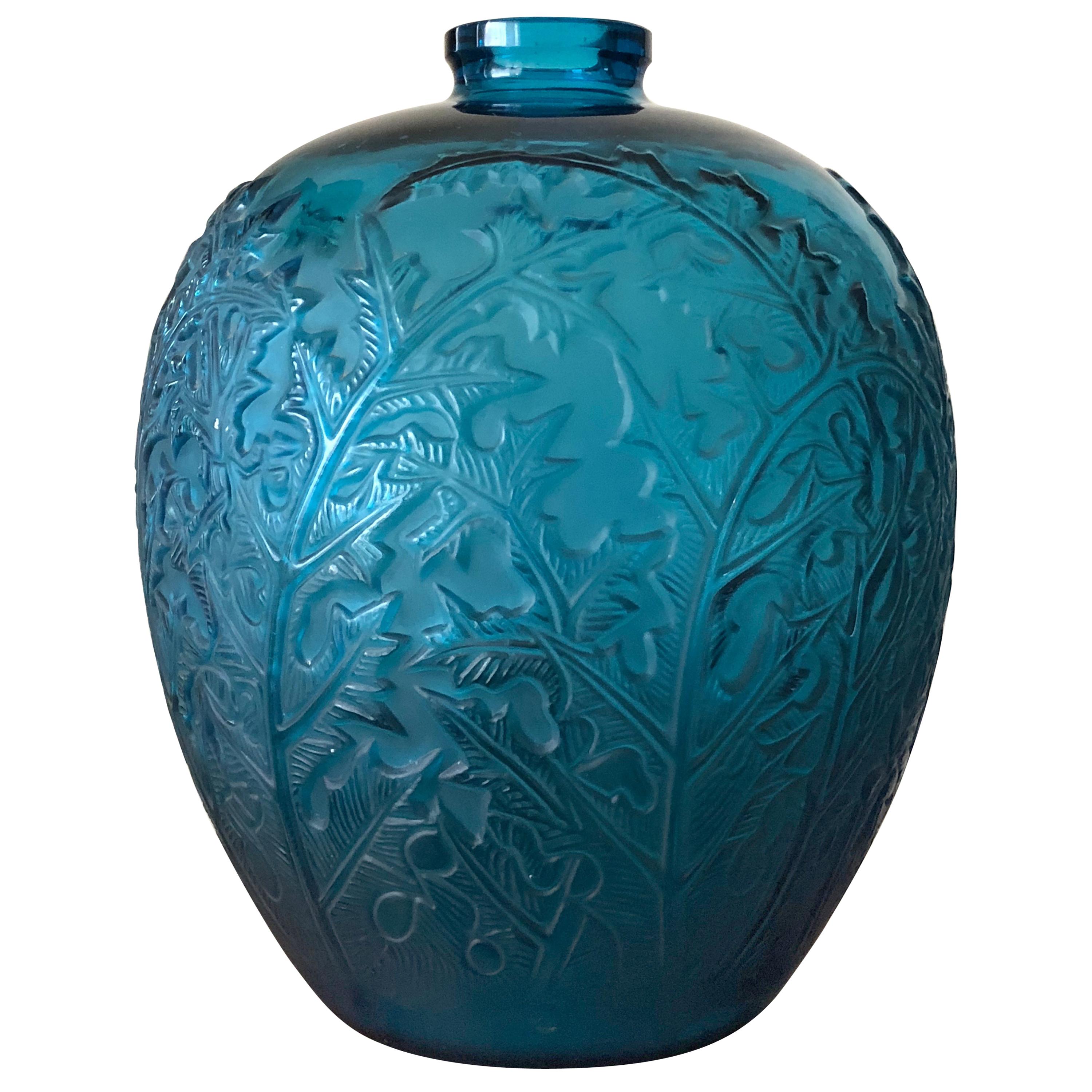 1921 Rene Lalique Acanthes Vase in Electric Blue Glass