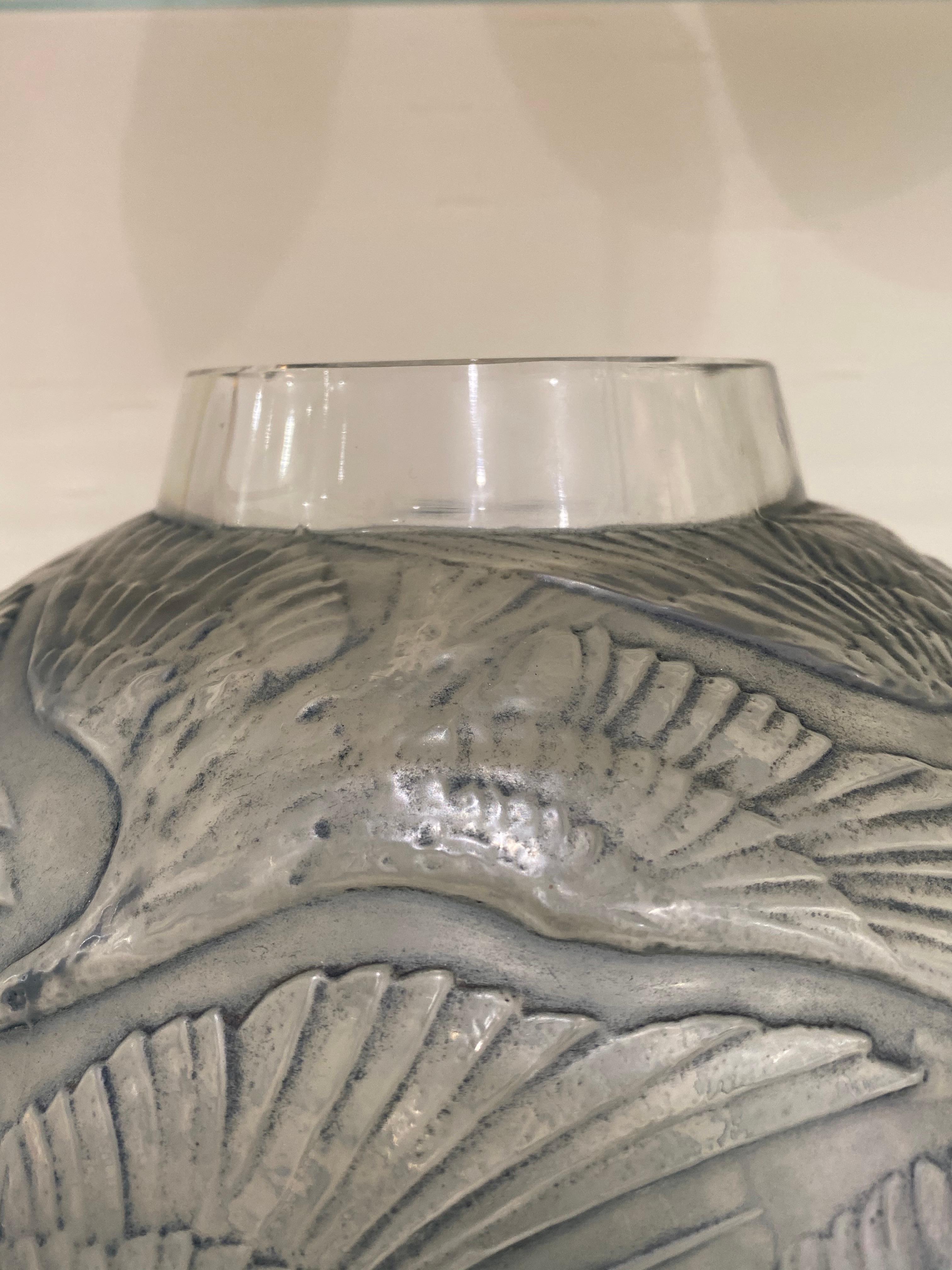 Art Deco 1921 René Lalique Archers Vase Glass with Blue Patina Men Arrows Hunt