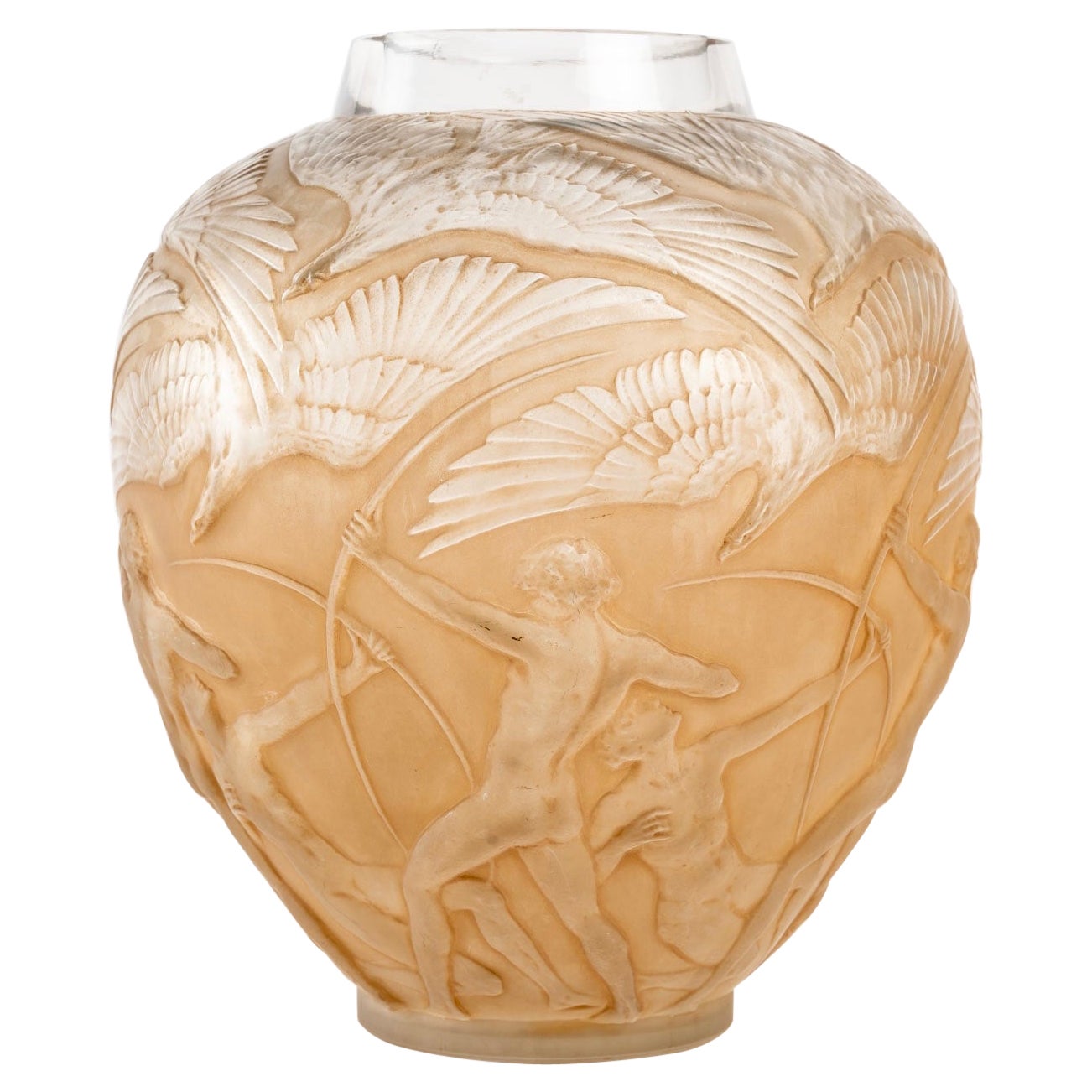 1921 René Lalique Archers Vase Glass with Sepia Patina Men Arrows Hunt