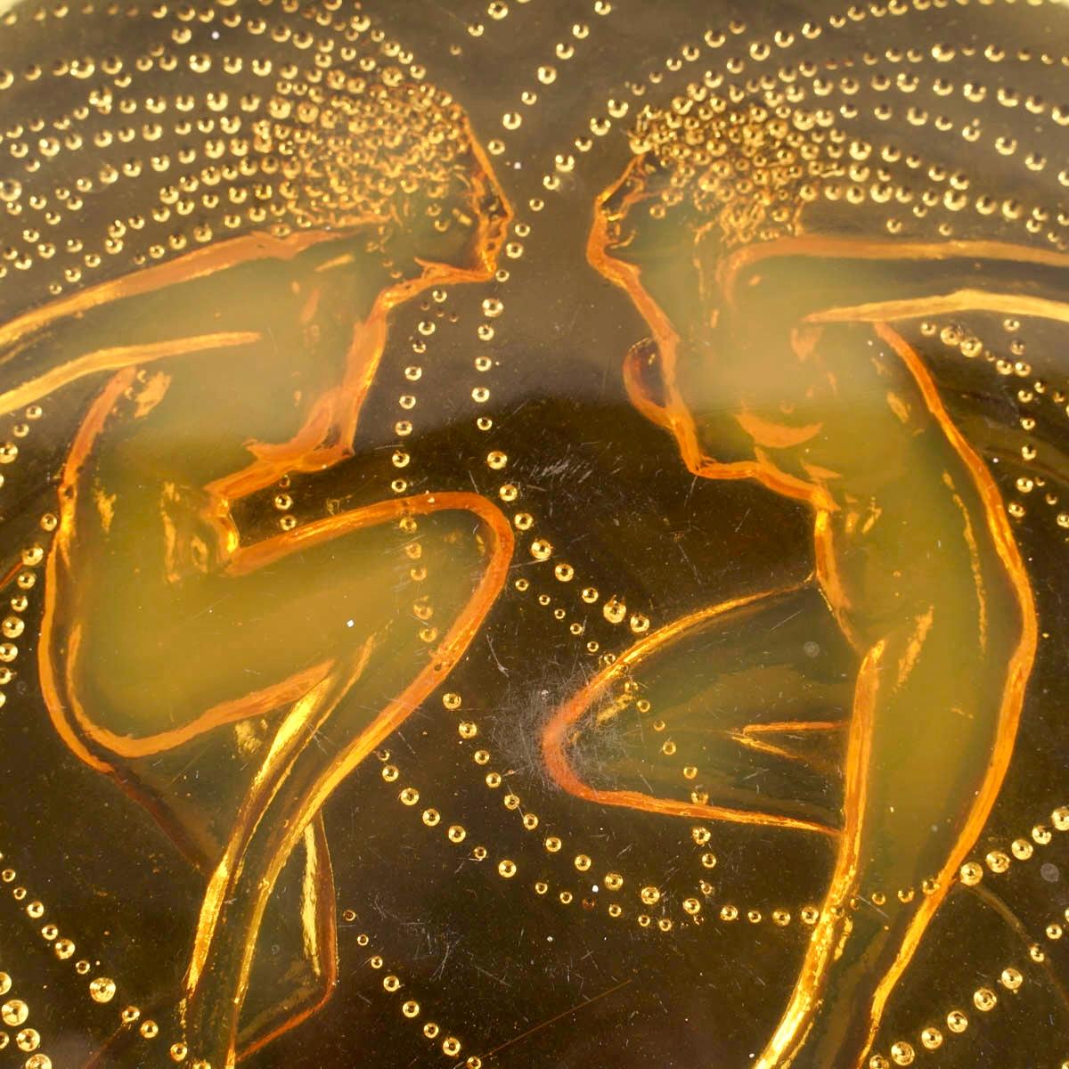 French 1921 René Lalique - Box Deux Sirènes Mermaids Orange Opalescent Glass For Sale