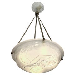 1921 René Lalique Ceiling Fixture Light Chandelier Deux Sirenes Mermaids Glass