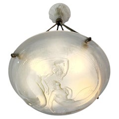 1921 René Lalique Ceiling Fixture Light Chandelier Deux Sirenes Mermaids Glass