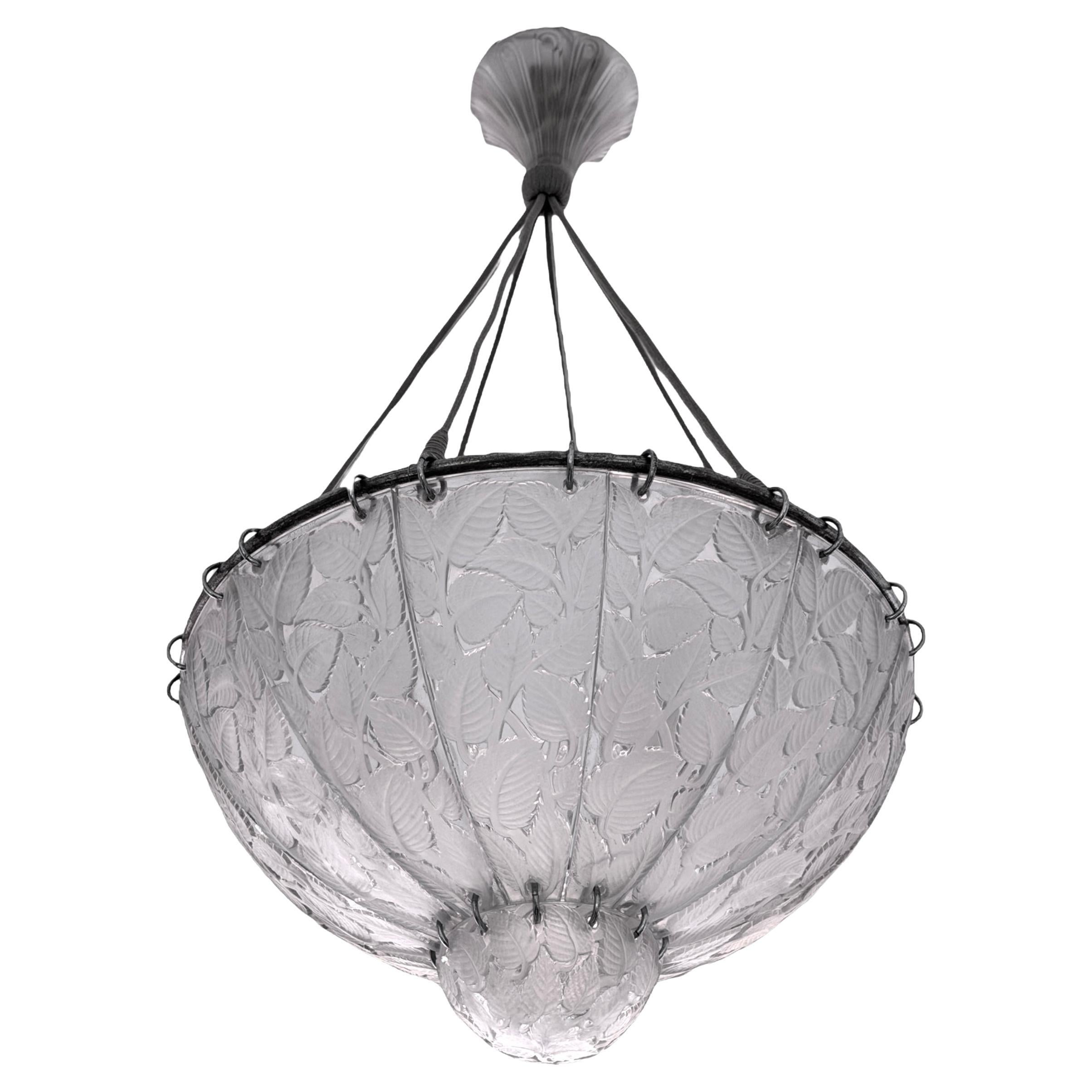 1921 René Lalique Ceiling Fixture Light Chandelier Feuilles de Charmes Glass For Sale
