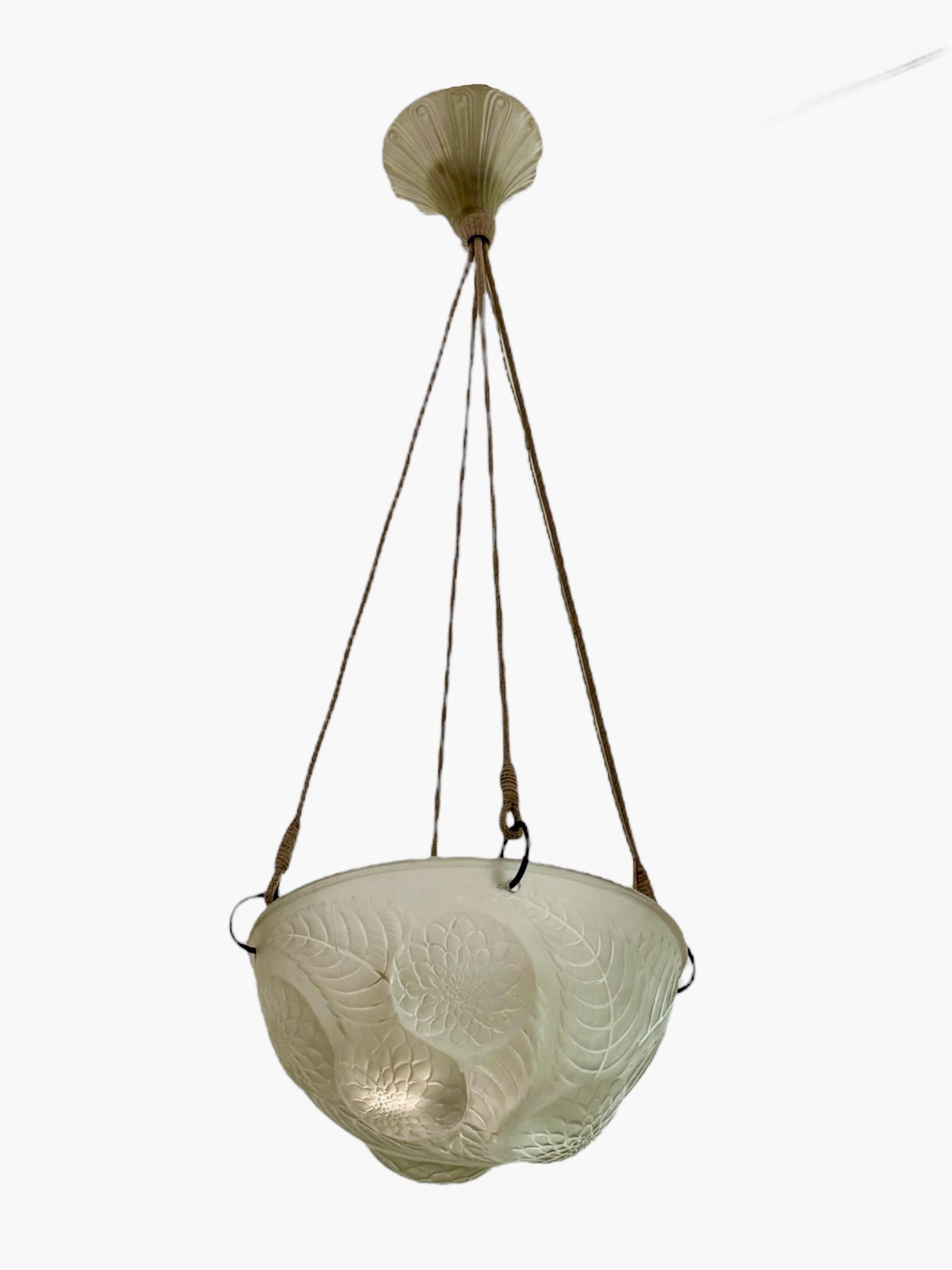 Art Deco 1921 René Lalique Ceiling Light Chandelier Dahlias Frosted Glass