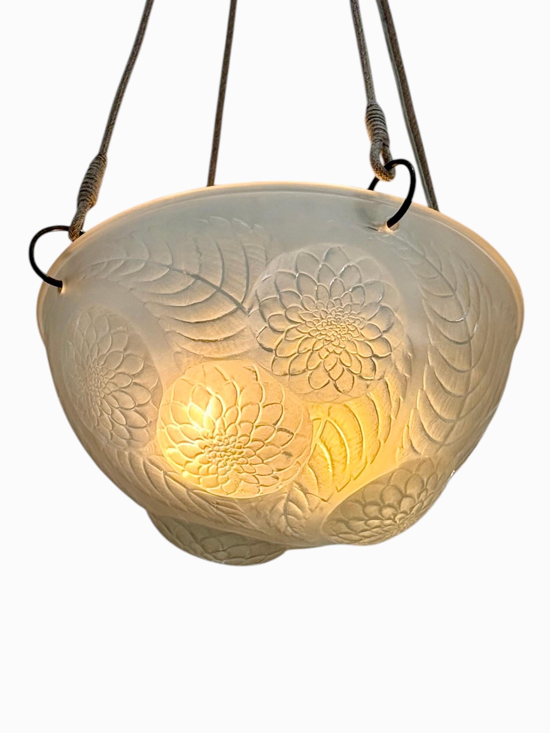 French 1921 René Lalique Ceiling Light Chandelier Dahlias Frosted Glass