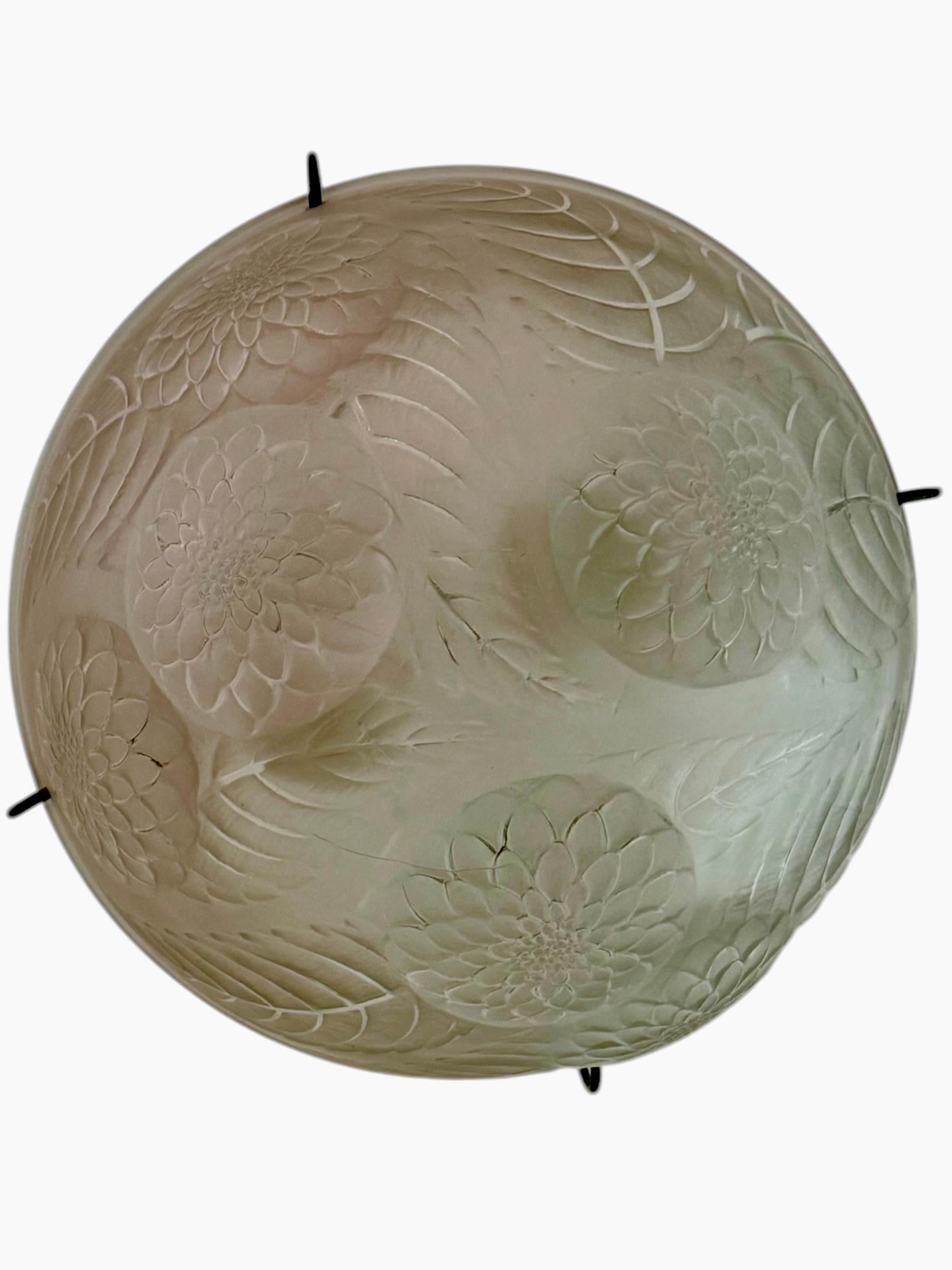 Molded 1921 René Lalique Ceiling Light Chandelier Dahlias Frosted Glass