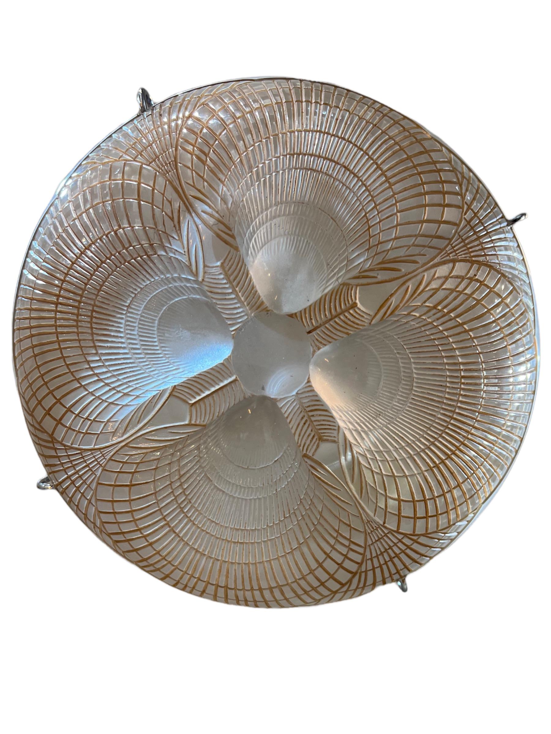 Art Deco 1921 René Lalique Coquilles Ceiling Light Chandelier Glass with Sepia Patina