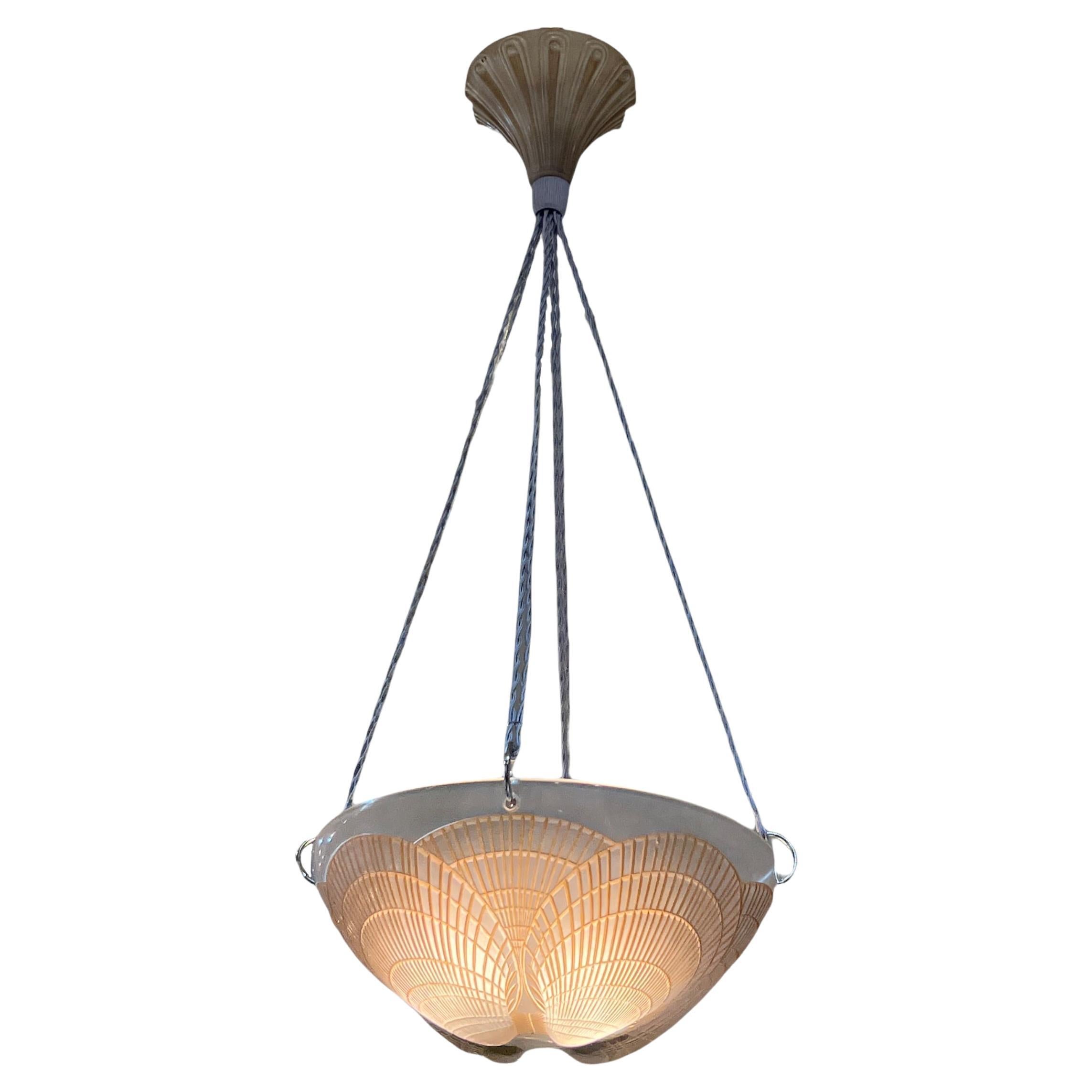 1921 René Lalique Coquilles Ceiling Light Chandelier Glass with Sepia Patina