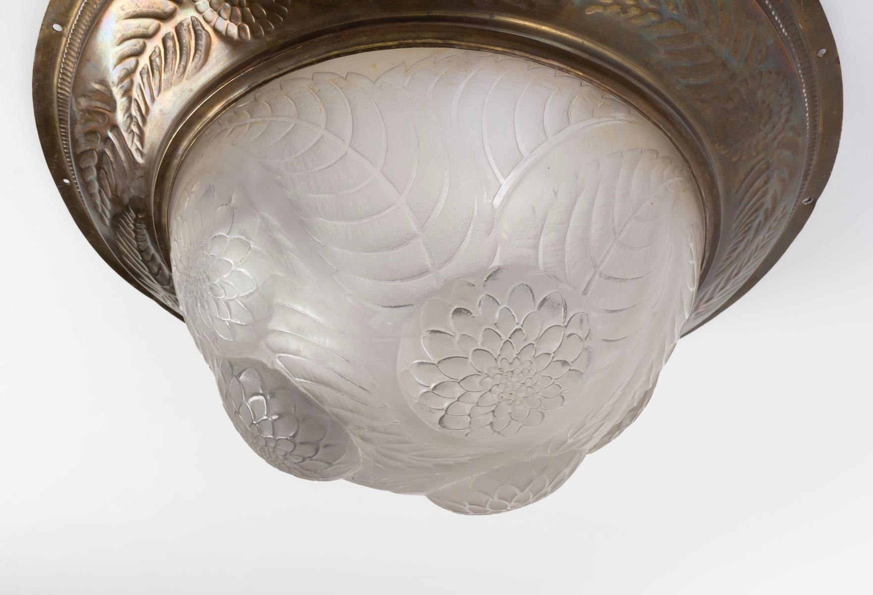 Molded 1921 Rene Lalique Dahlias Ceiling Light Fixture Shade Frosted Glass 