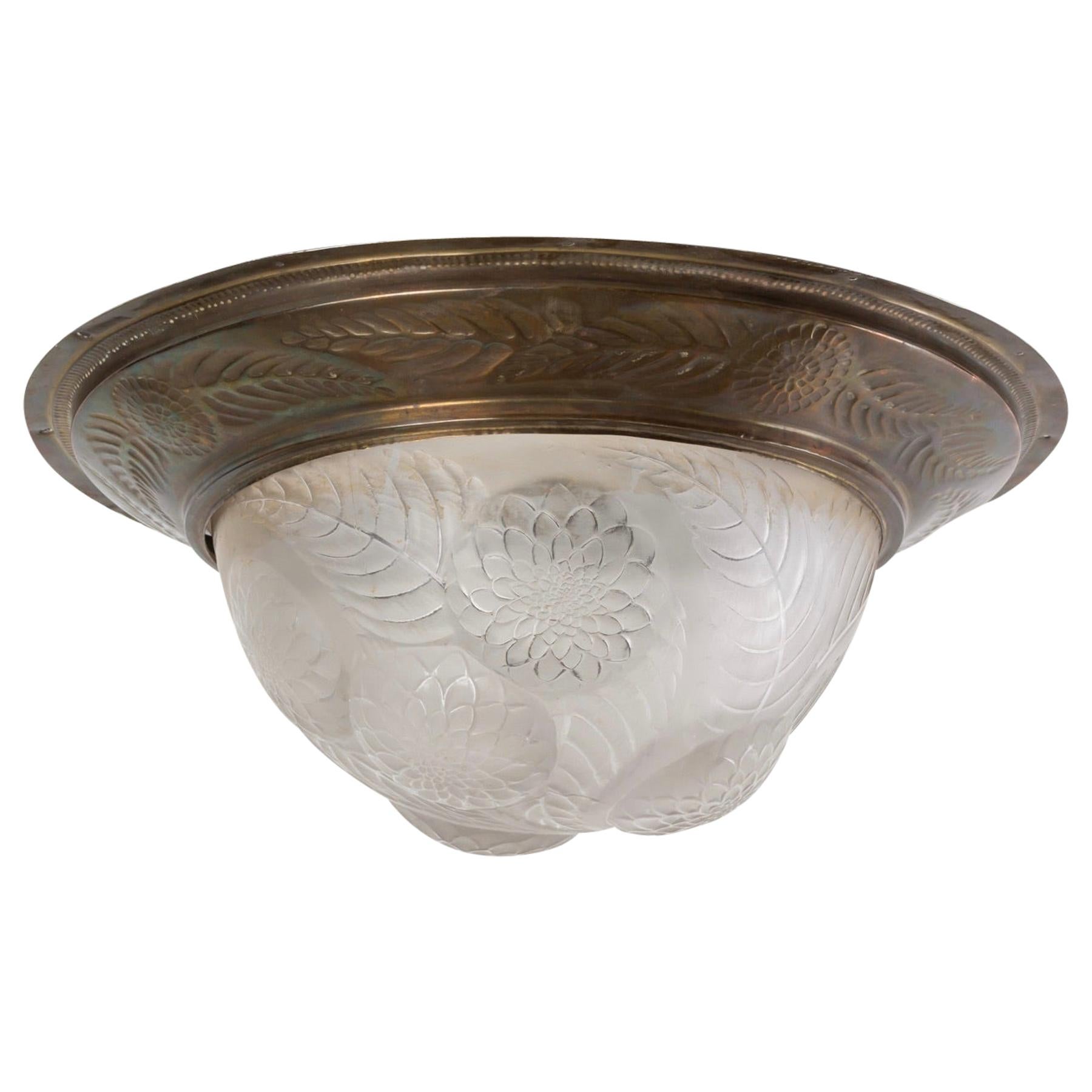 1921 Rene Lalique Dahlias Ceiling Light Fixture Shade Frosted Glass 