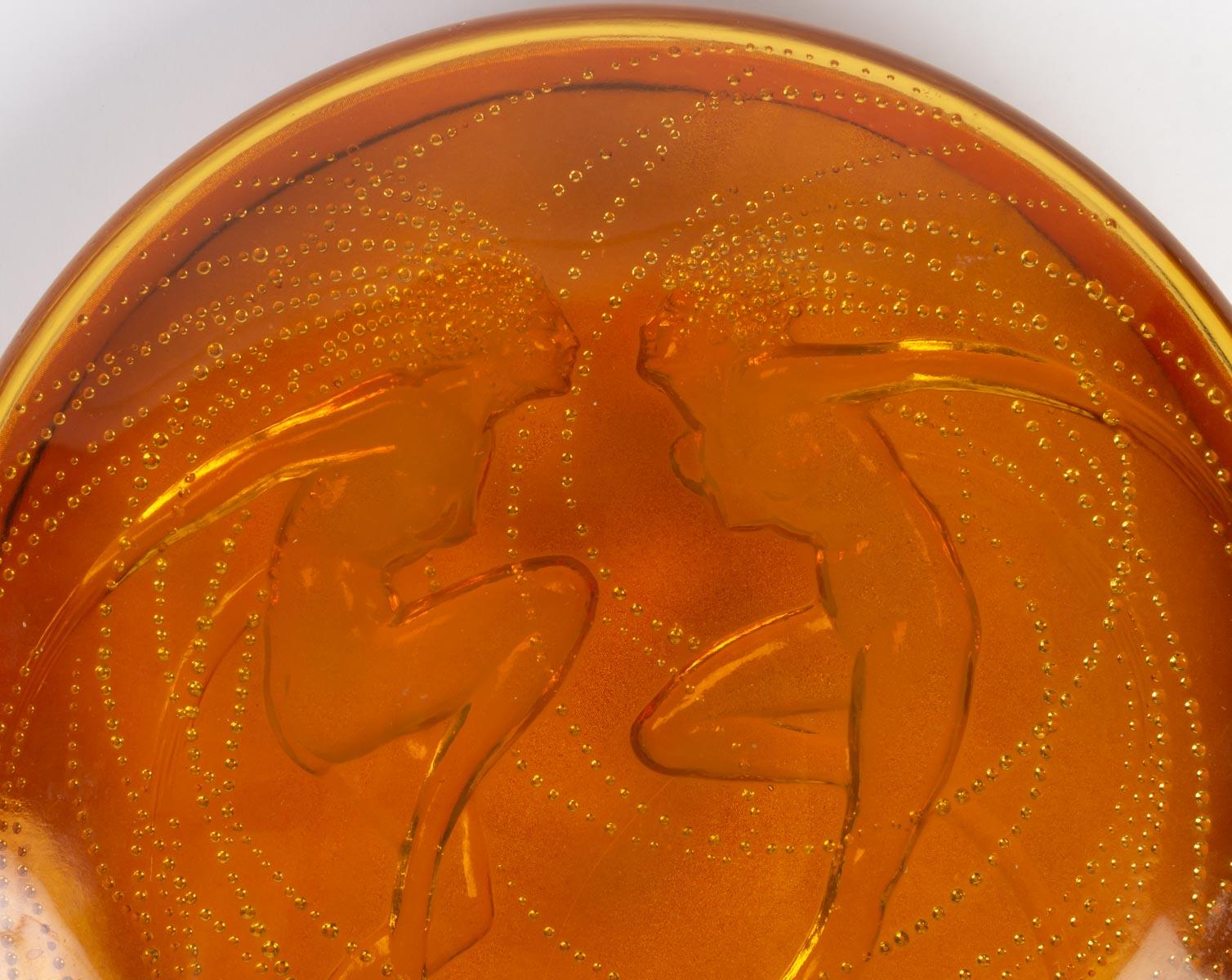 French 1921 Rene Lalique Deux Sirenes Orange Opalescent Box with Satin Base, Mermaids