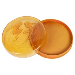 1921 Rene Lalique Deux Sirenes Orange Opalescent Box with Satin Base, Mermaids