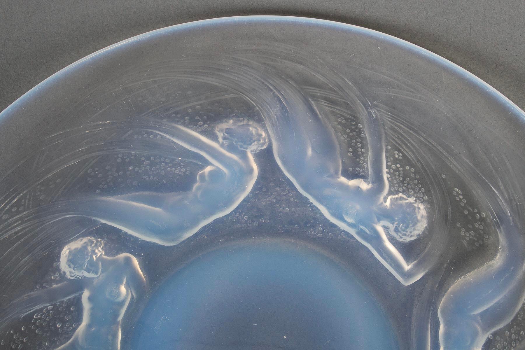 Art Deco 1921 René Lalique Dishes Plate & Bowl Ondines Opalescent Glass Mermaids For Sale