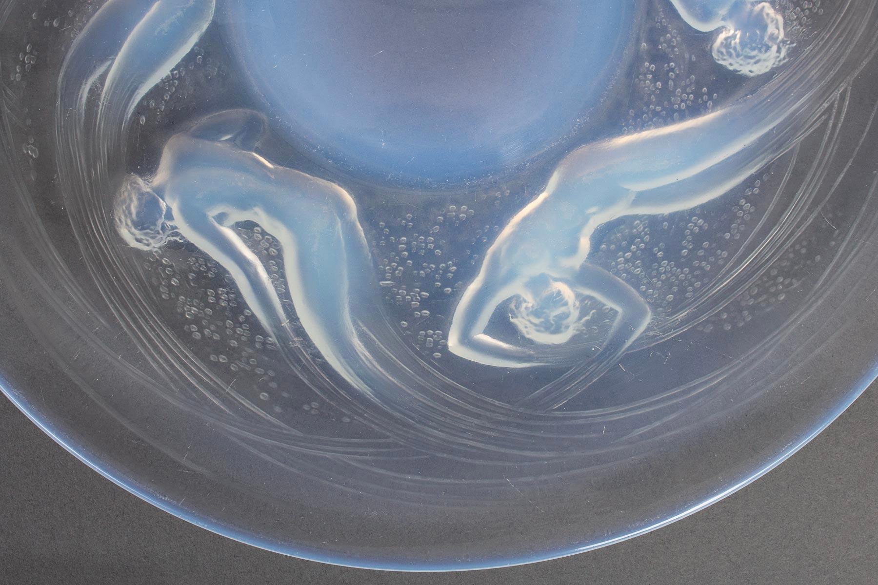 French 1921 René Lalique Dishes Plate & Bowl Ondines Opalescent Glass Mermaids For Sale