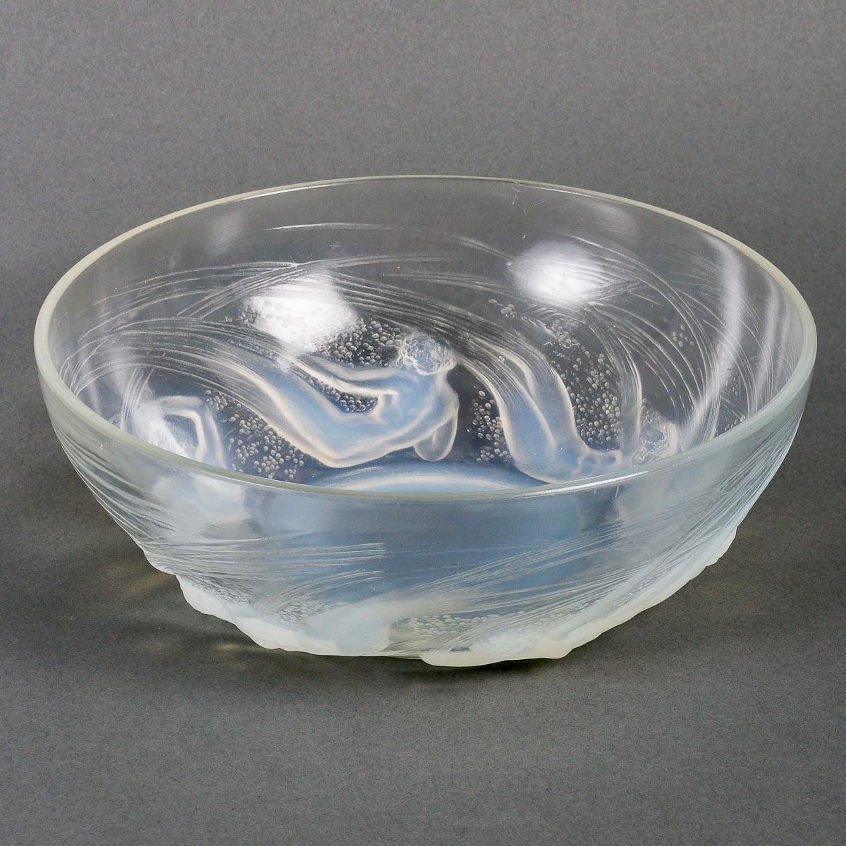 Blown Glass 1921 René Lalique Dishes Plate & Bowl Ondines Opalescent Glass Mermaids For Sale