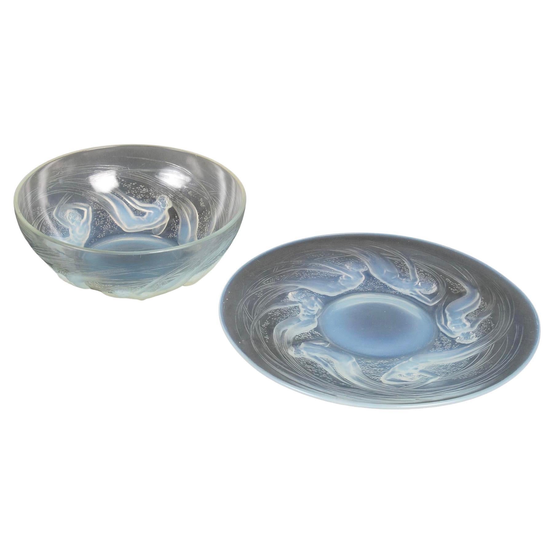 1921 René Lalique Assiette & Bol Ondines Verre Opalescent Sirènes