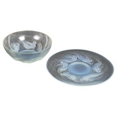 1921 René Lalique Assiette & Bol Ondines Verre Opalescent Sirènes