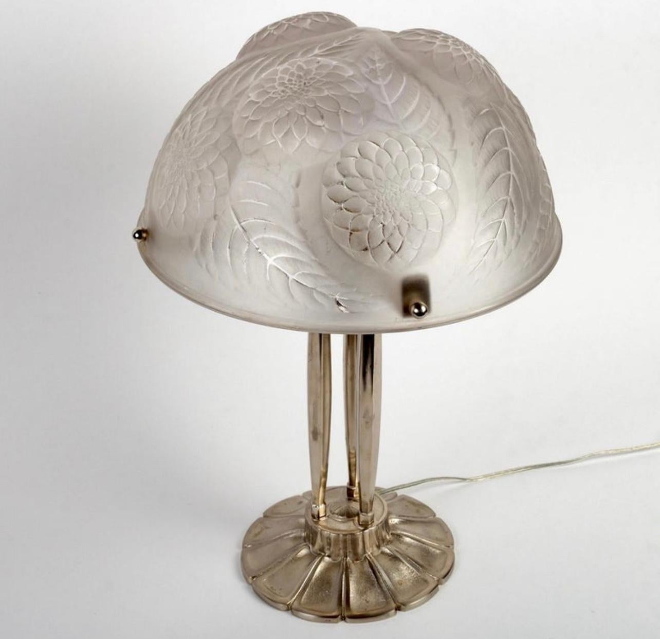 Art Deco 1921 Rene Lalique - Lamp Dahlias Frosted Glass & Nickeled Bronze