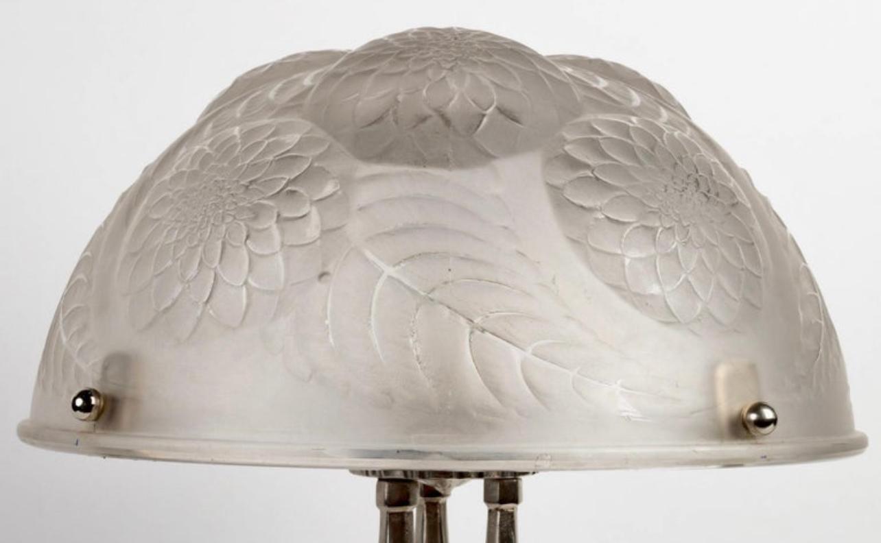 French 1921 Rene Lalique - Lamp Dahlias Frosted Glass & Nickeled Bronze