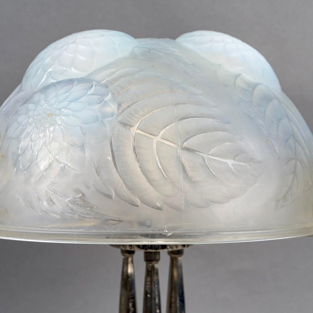 Molded 1921 Rene Lalique - Lamp Dahlias Opalescent Glass & Nickeled Bronze