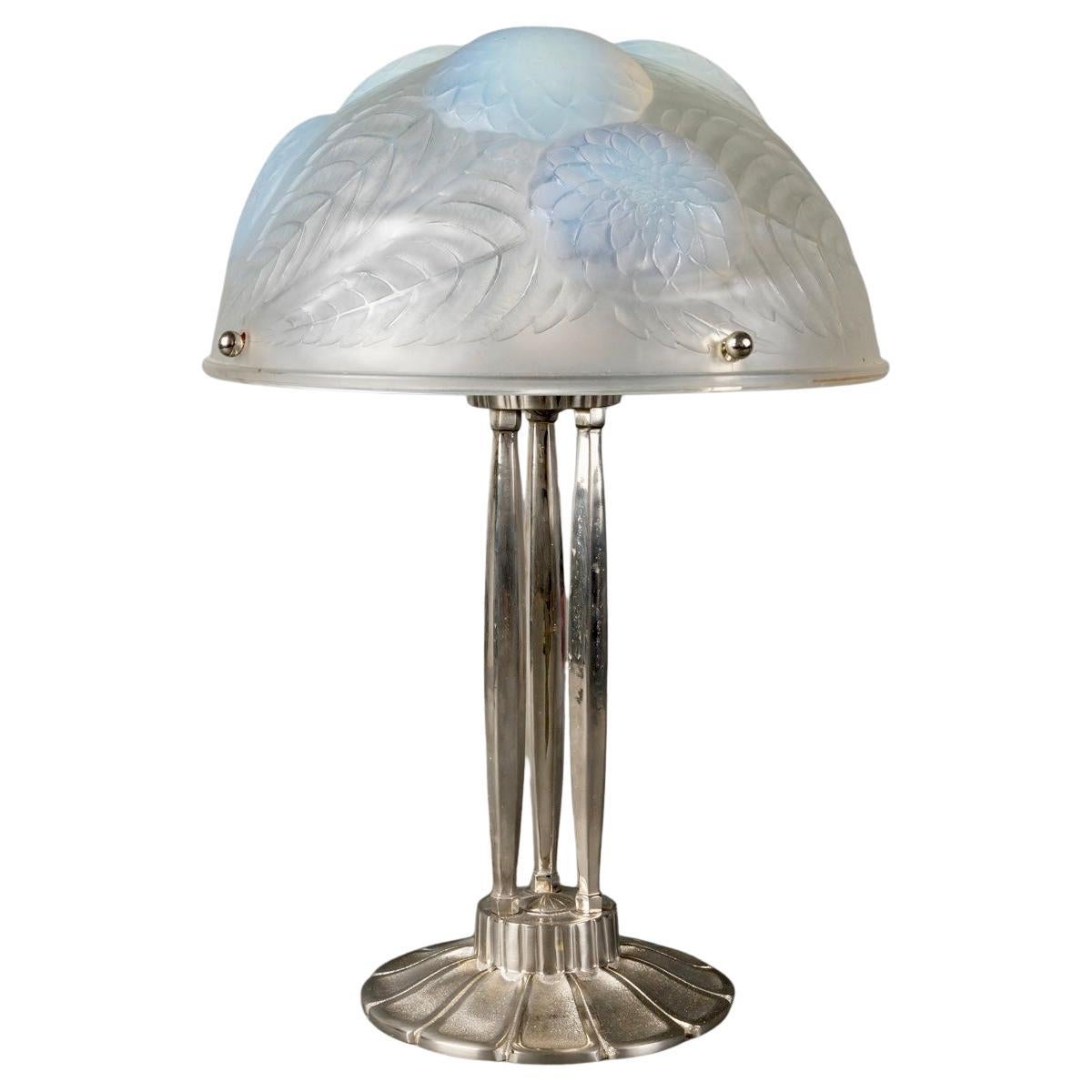 1921 Rene Lalique - Lamp Dahlias Opalescent Glass & Nickeled Bronze