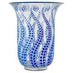 Antique 1921 René Lalique Meduse Vase in Clear Glass with Blue Patina