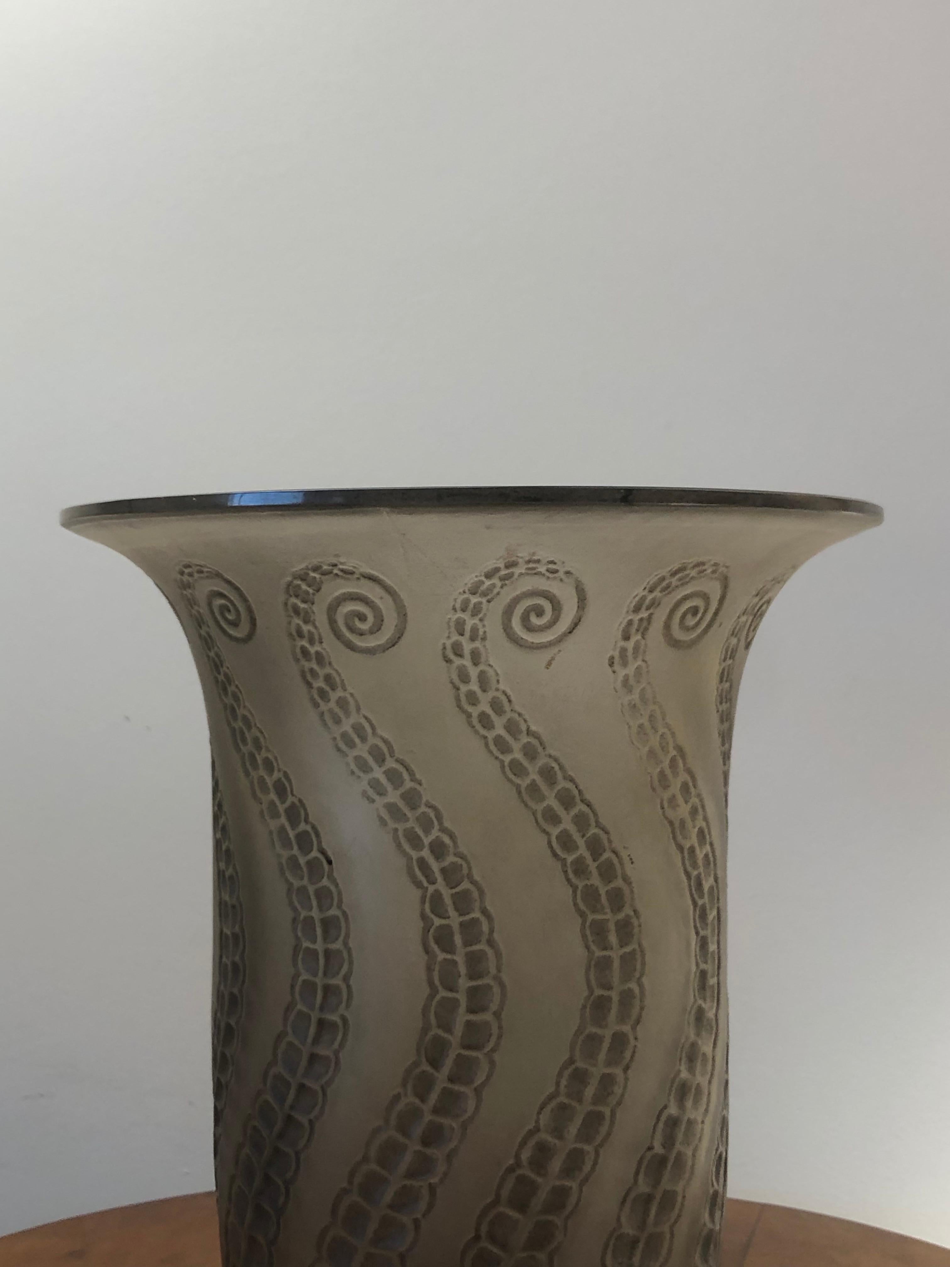 Molded 1921 René Lalique Meduse Vase in Grey Glass with Grey Patina