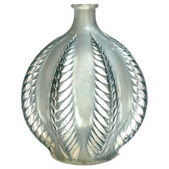 1921 René Lalique Mimosa Vase in Frosted Glass with Blue Patina, Leaves