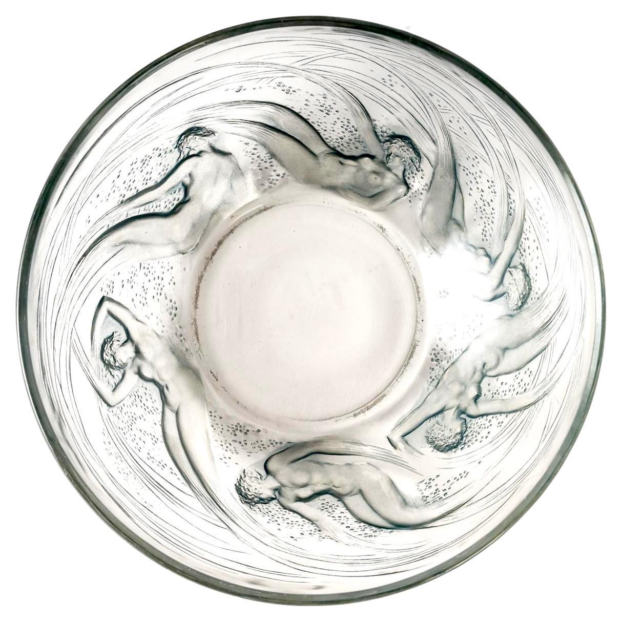 1921 René Lalique Ondines Bowl Clear Glass Blue Patina, Swimming Mermaid