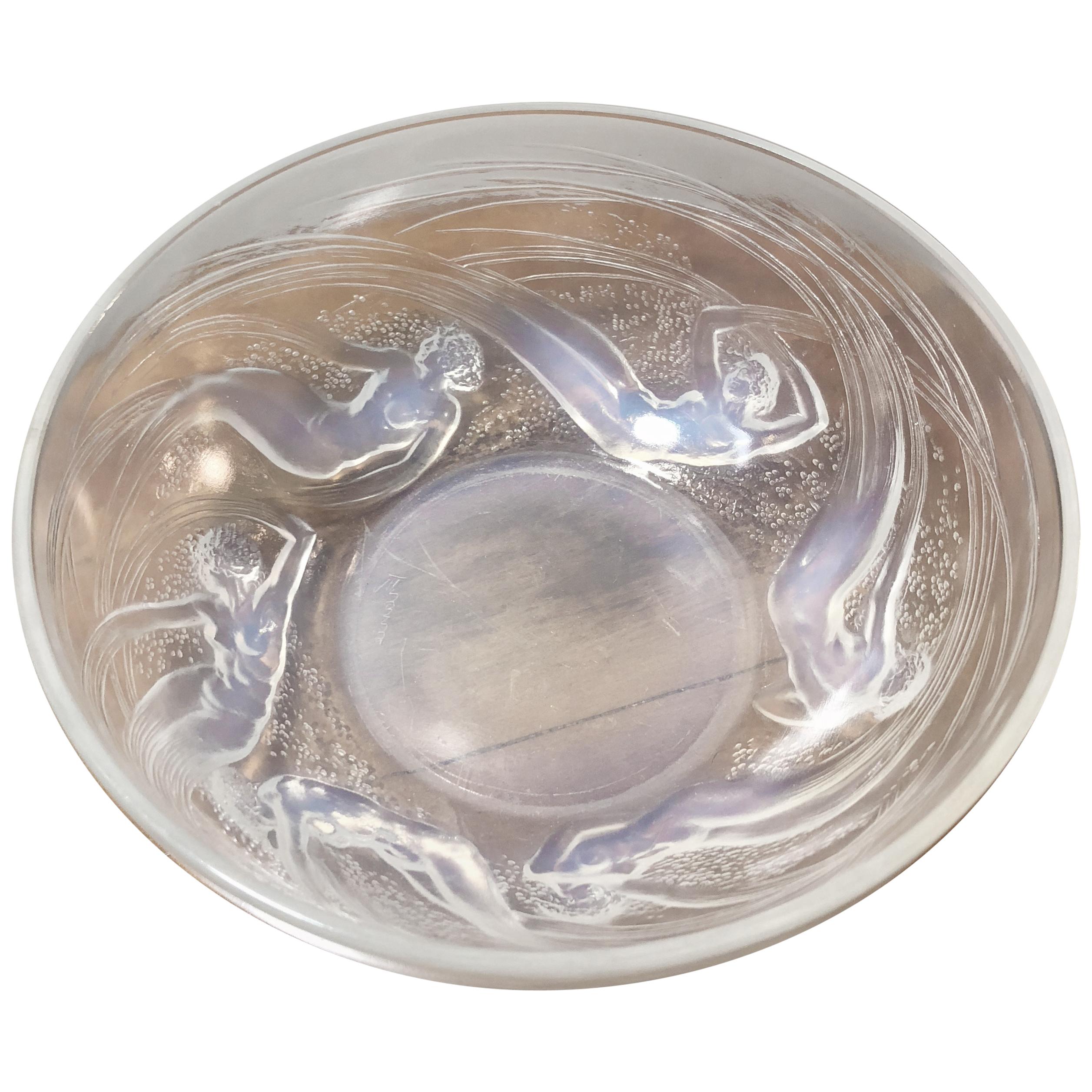 1921 René Lalique Ondines Bowl Opalescent Glass, Swimming Mermaid