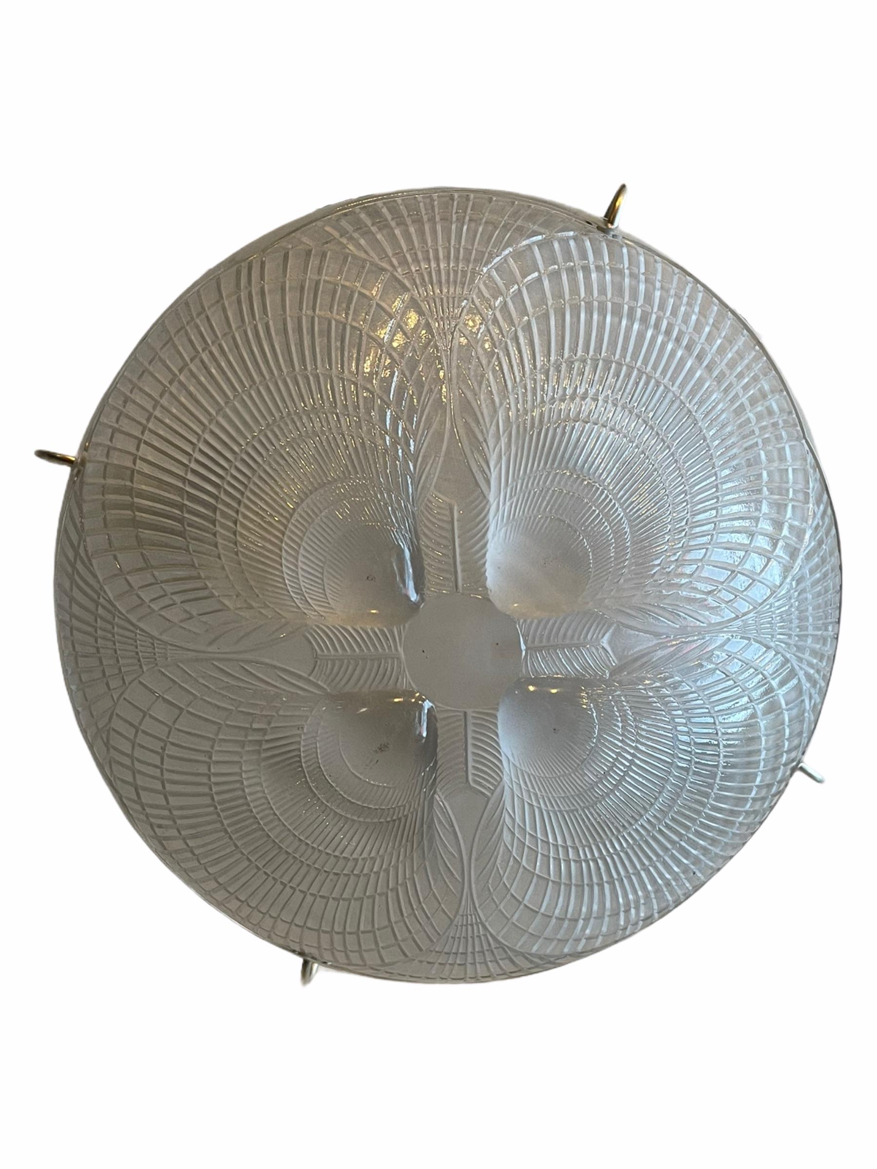 French 1921 René Lalique Pair of Coquilles Ceiling Lights Chandeliers Frosted Glass