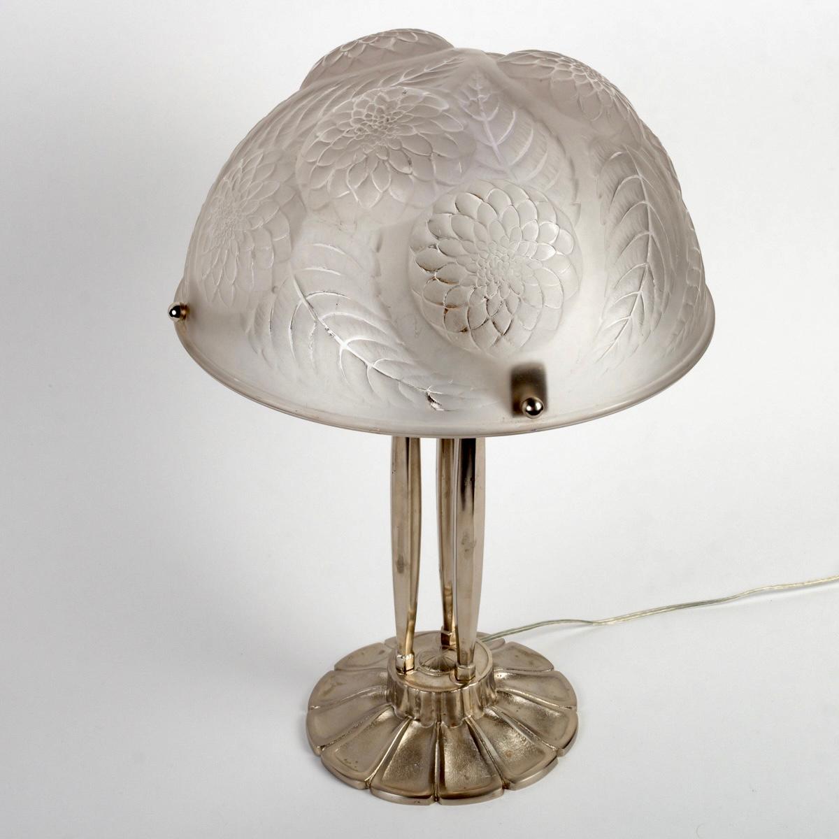 French 1921 Rene Lalique - Pair Of Lamps Dahlias Frosted Glass & Nickeled Bronze