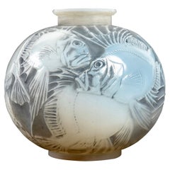 1921 René Lalique Poissons Vase Cased Opalescent Glass Blue-Grey Stain, Fishes
