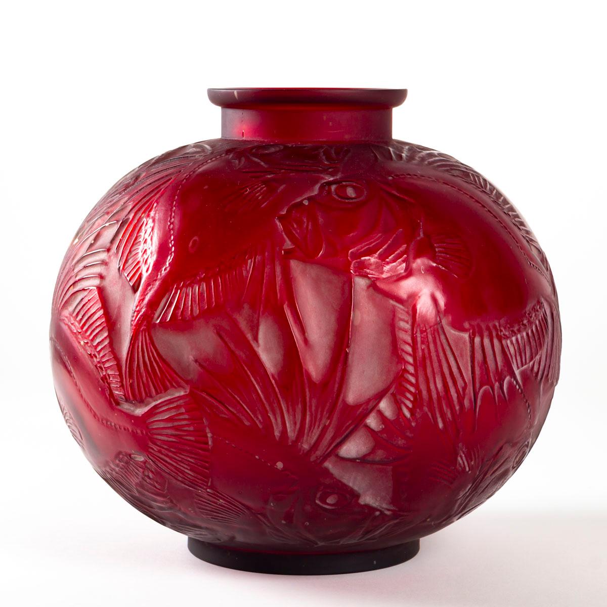 French 1921 René Lalique Poissons Vase Cased Red Cherry Glass