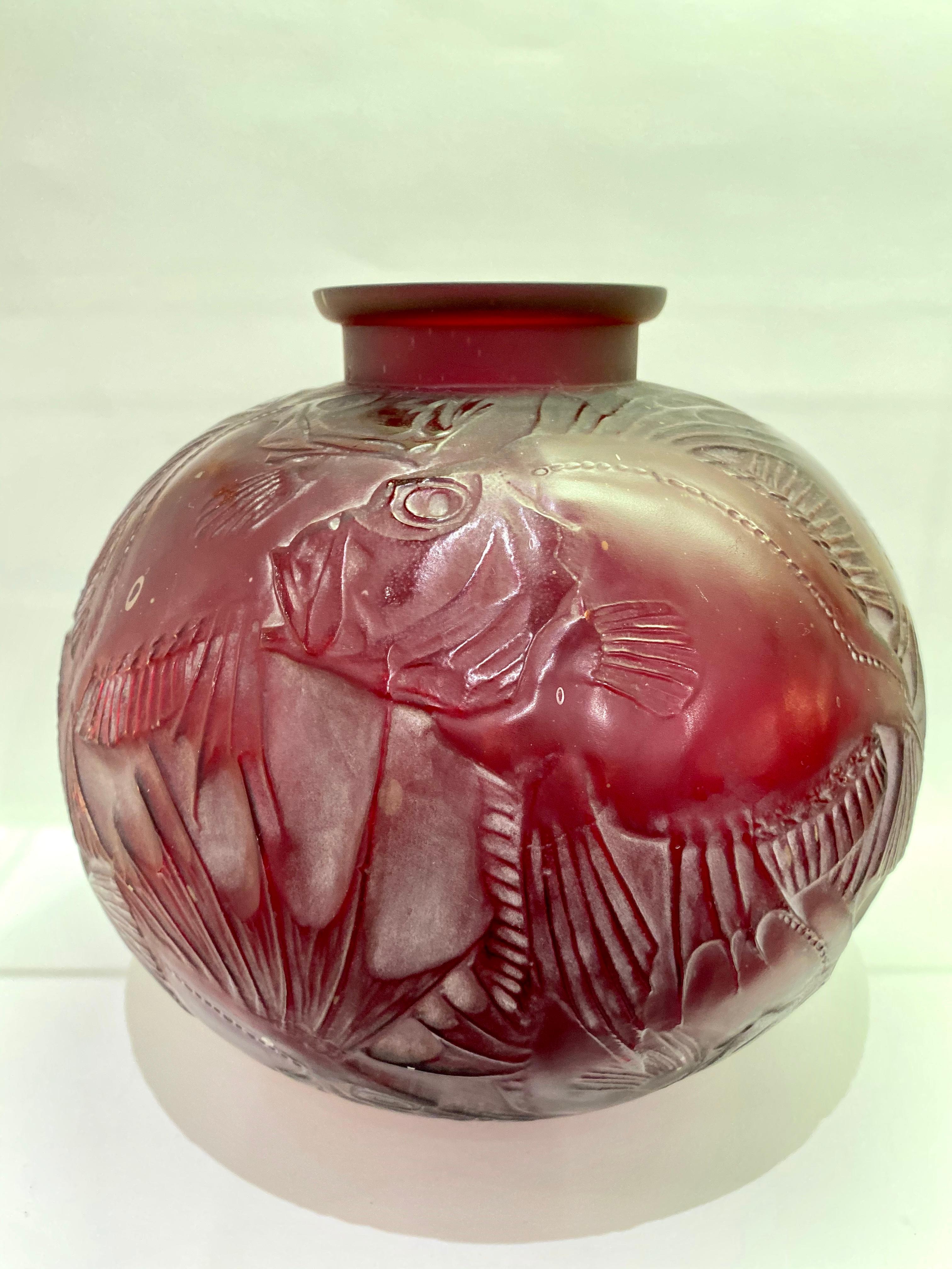 Molded 1921 René Lalique Poissons Vase Cased Red Cherry Glass