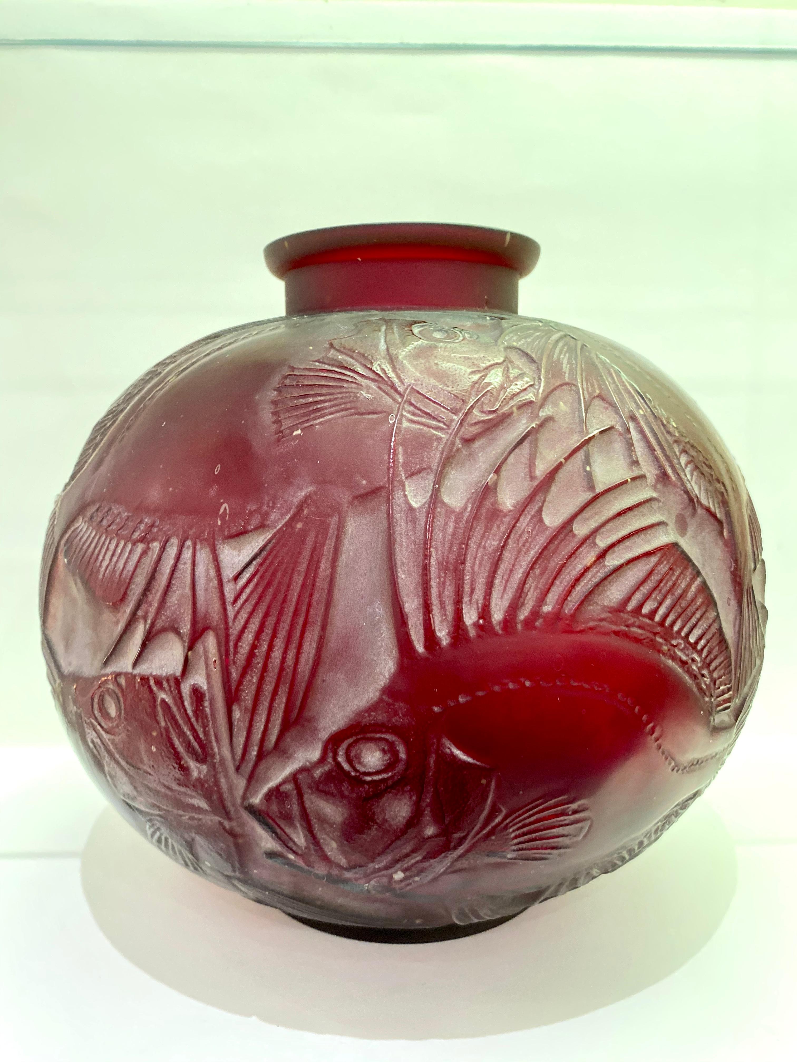 Early 20th Century 1921 René Lalique Poissons Vase Cased Red Cherry Glass