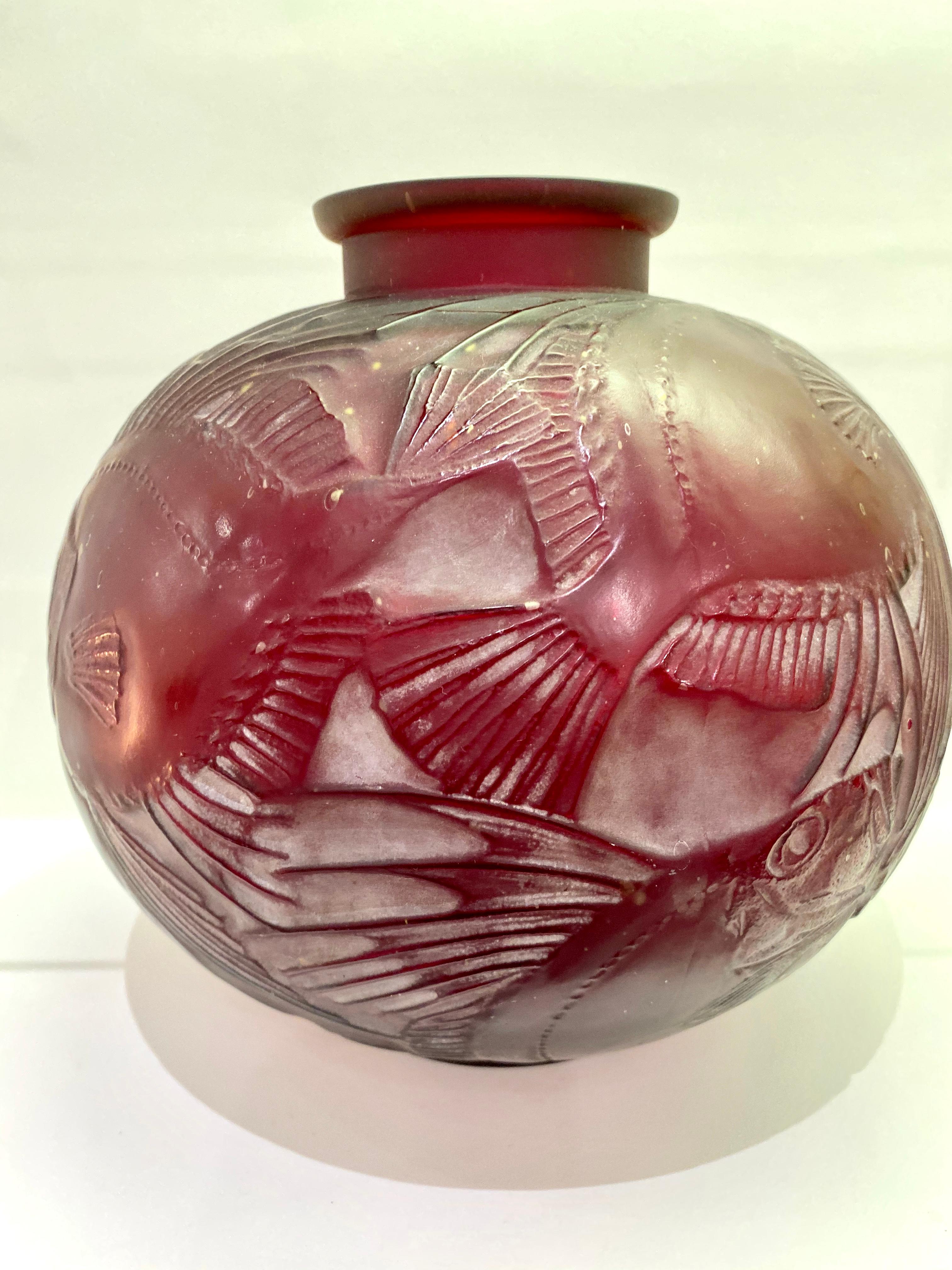 Blown Glass 1921 René Lalique Poissons Vase Cased Red Cherry Glass